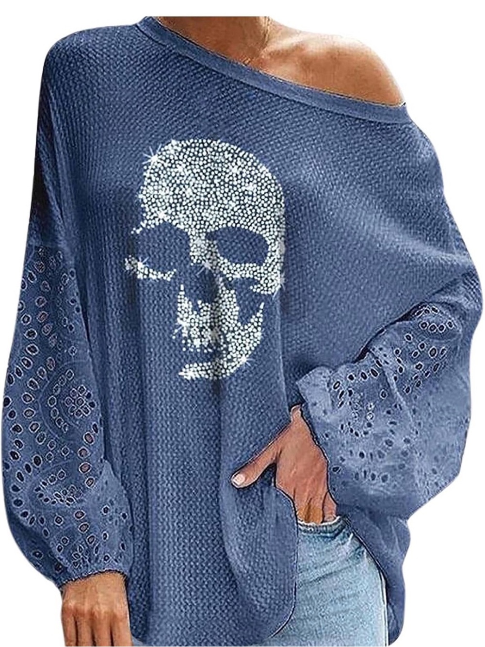 GRAY Waffle-Knit Skull Sweater with Embellished Sleeves. Oversized XL